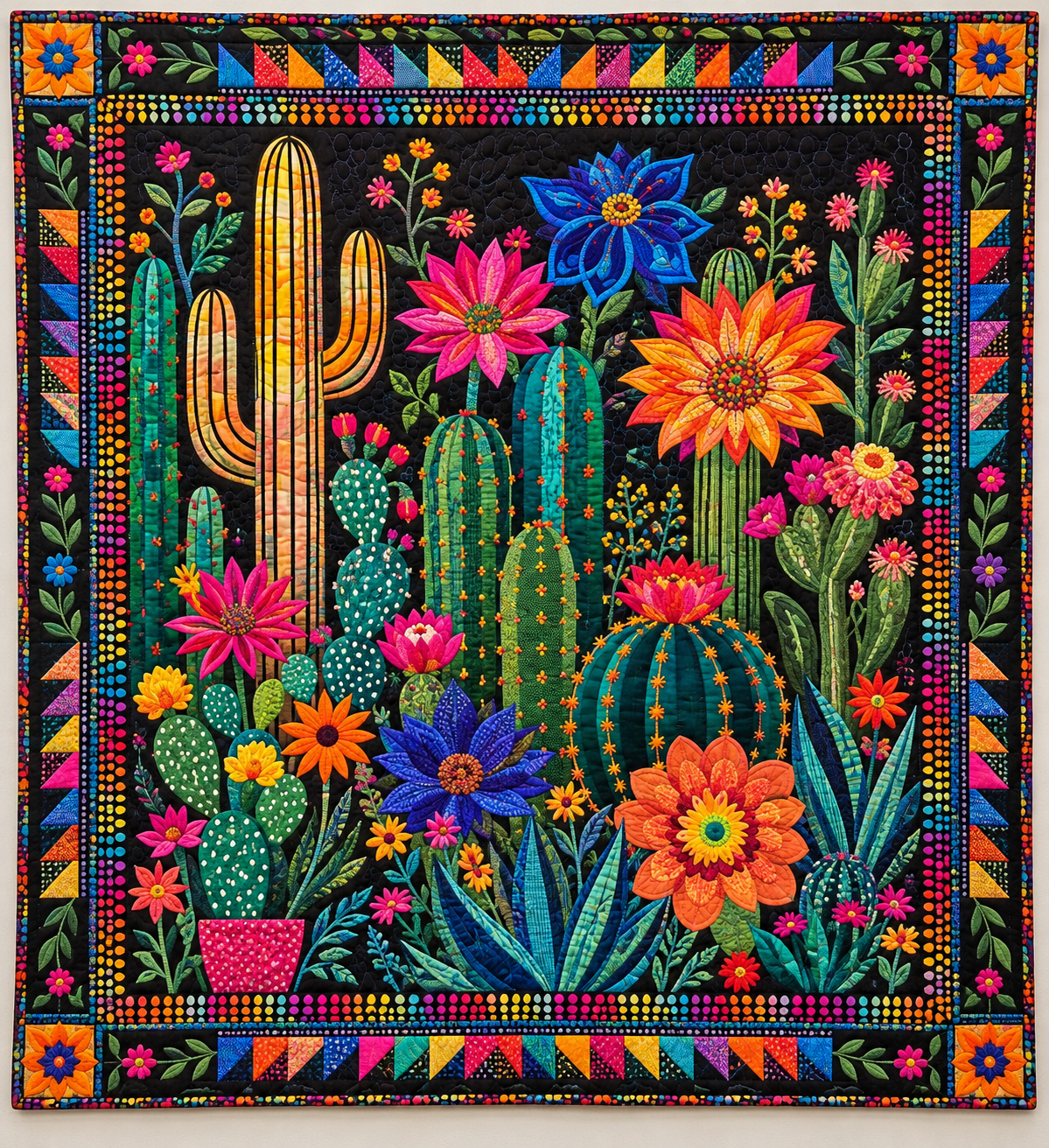 Vivid Cacti And Flowers On Black TD141026334 Quilt Blanket