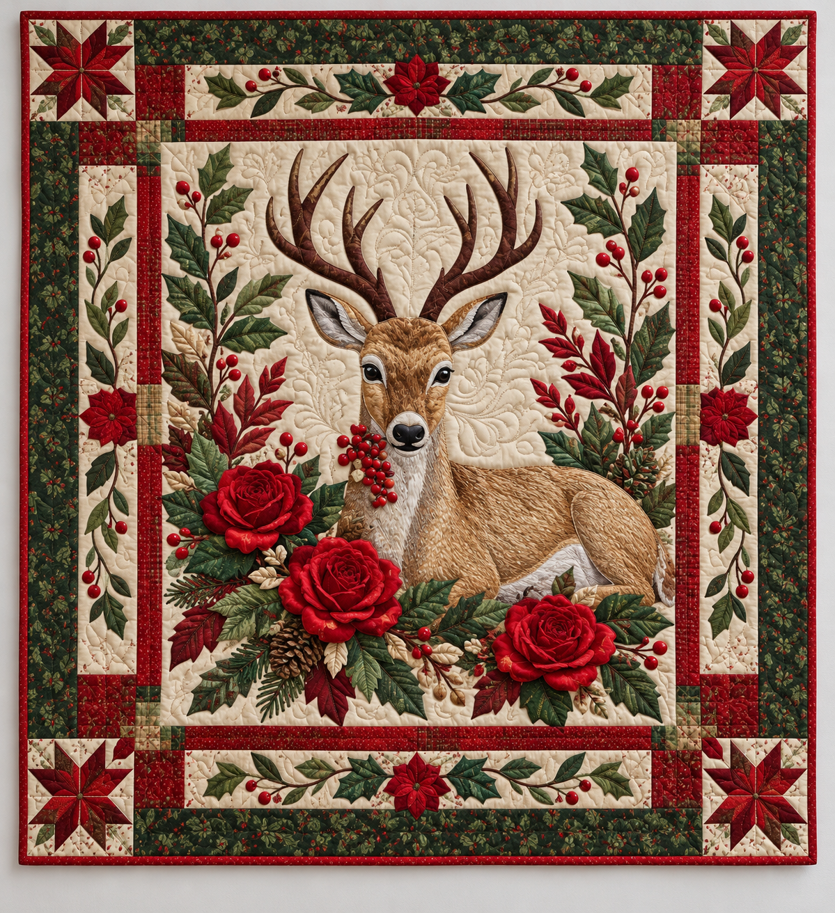 Winter Deer And Red Roses TD141026364 Quilt Blanket