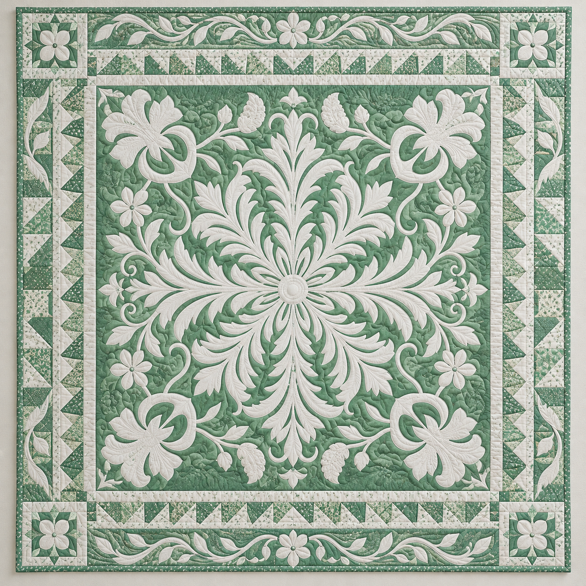 White Botanical Medallion On Sage TD141026378 Quilt Blanket
