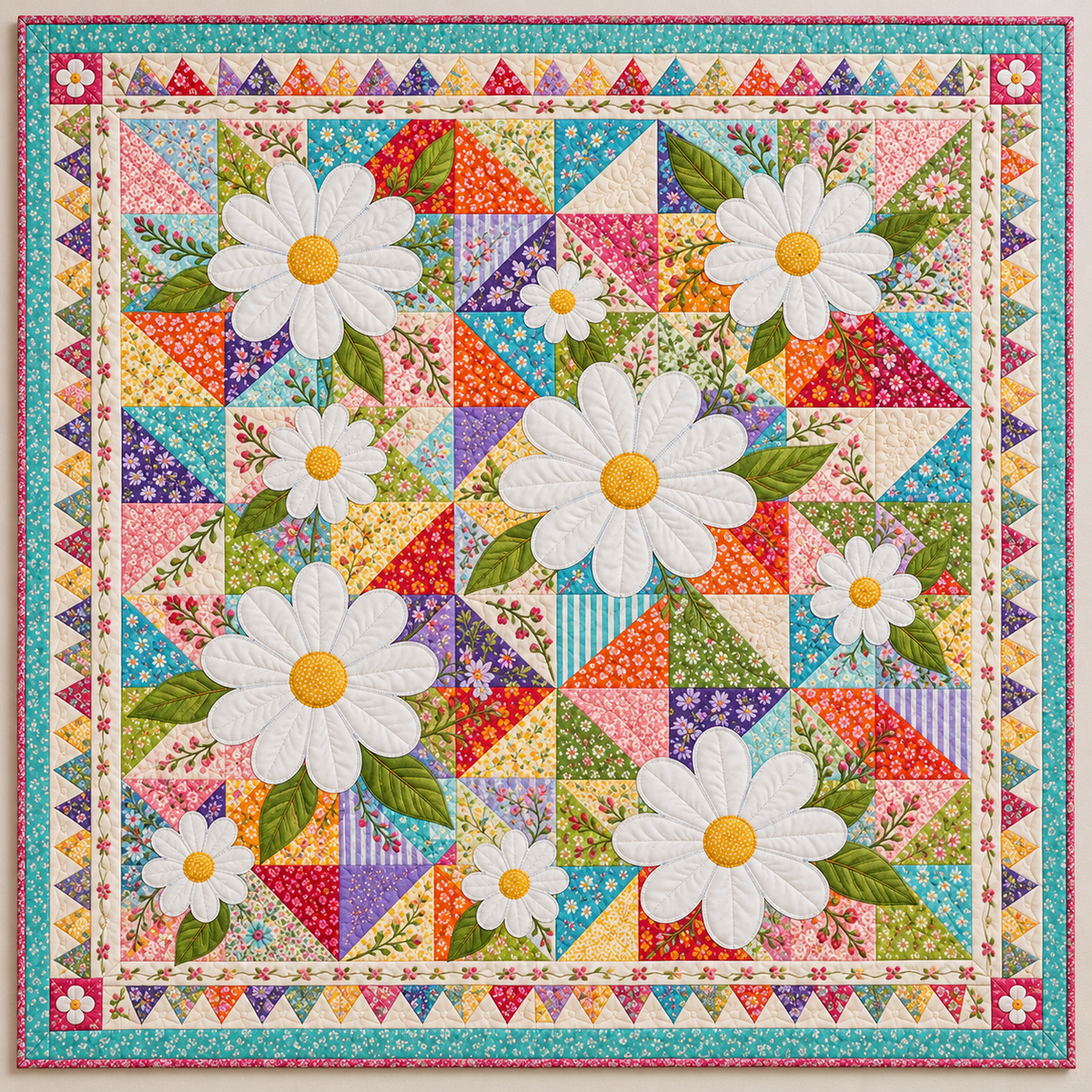 White Daisies And Bright Scrap Triangles TD141026404 Quilt Blanket