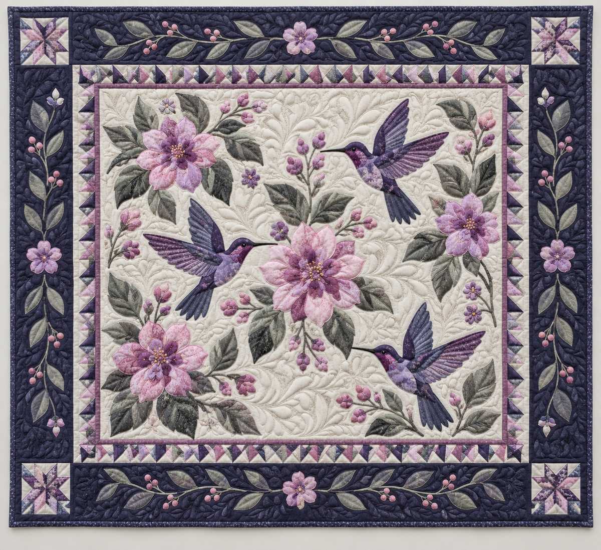 Hummingbirds In Navy Botanical Borders TD141026413 Quilt Blanket