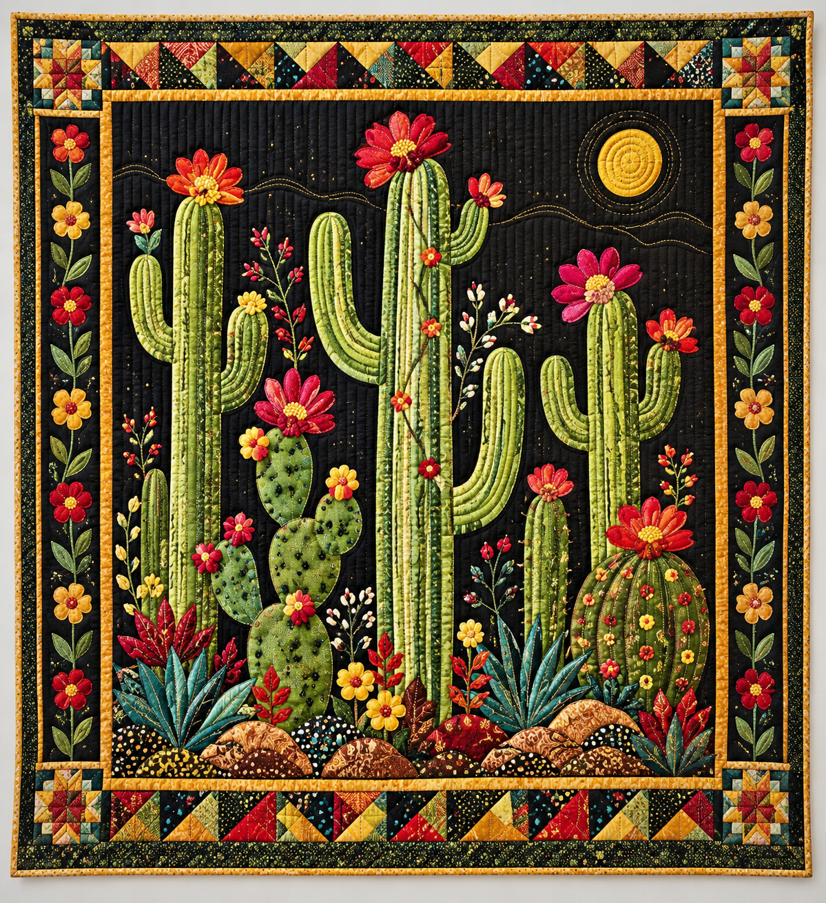 Blooming Cacti with Golden Edging TD141026435 Quilt Blanket