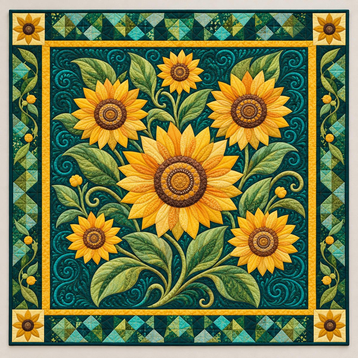 Golden Sunflowers And Turquoise Vines TD141026443 Quilt Blanket