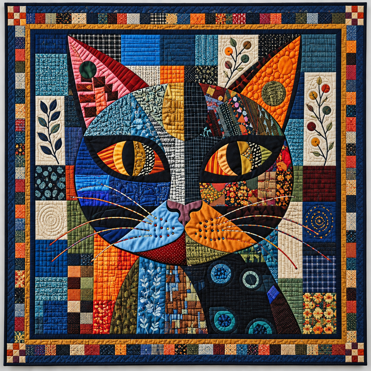 Golden Eyed Cat In Geometric Patchwork TD141026455 Quilt Blanket