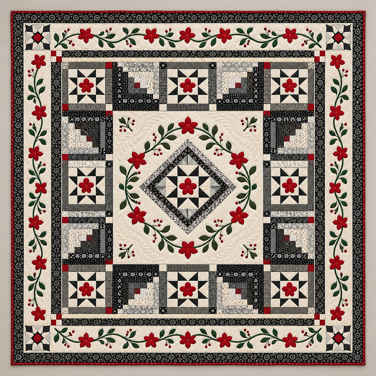 Monochrome Star Medallion with Red Flowers TD141026464 Quilt Blanket