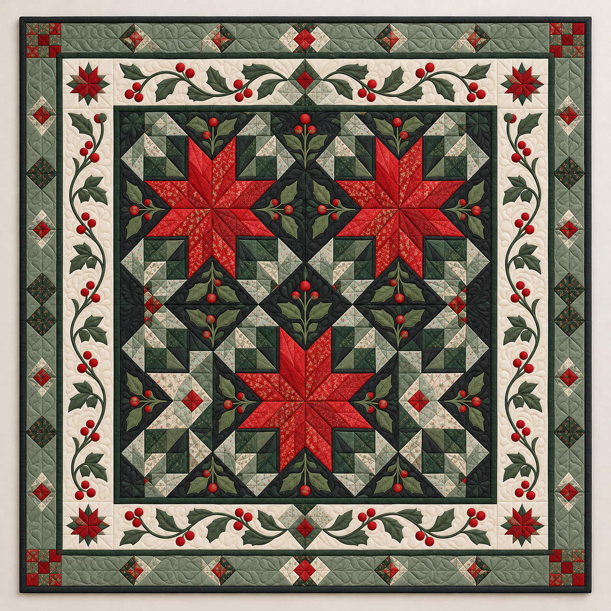 Red Christmas Stars On Sage TD141026469 Quilt Blanket