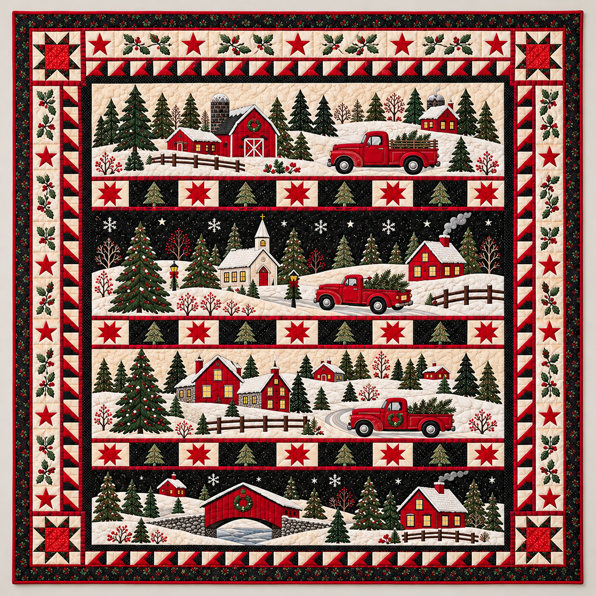 Red Trucks In Christmas Village Panels TD141026482 Quilt Blanket