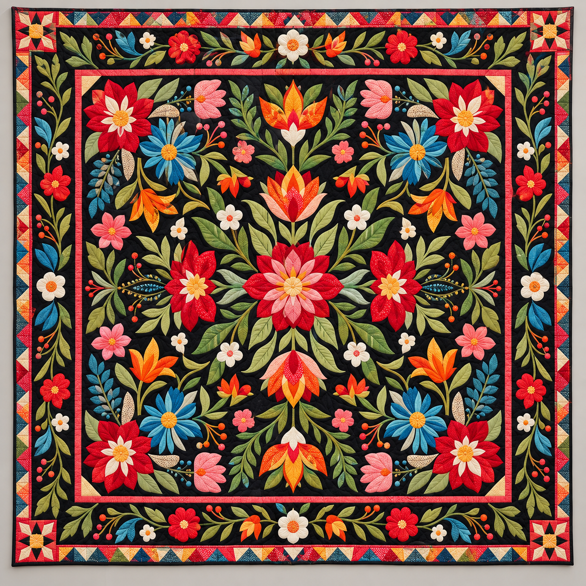 Symmetrical Folk Art Flowers On Black TD141026485 Quilt Blanket