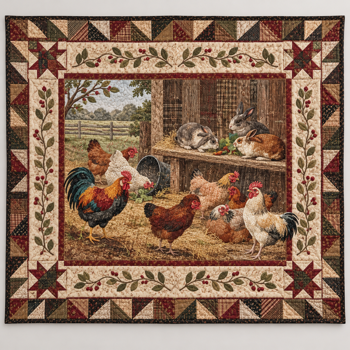 Rustic Farmyard Hens Roosters And Rabbits TD141026487 Quilt Blanket