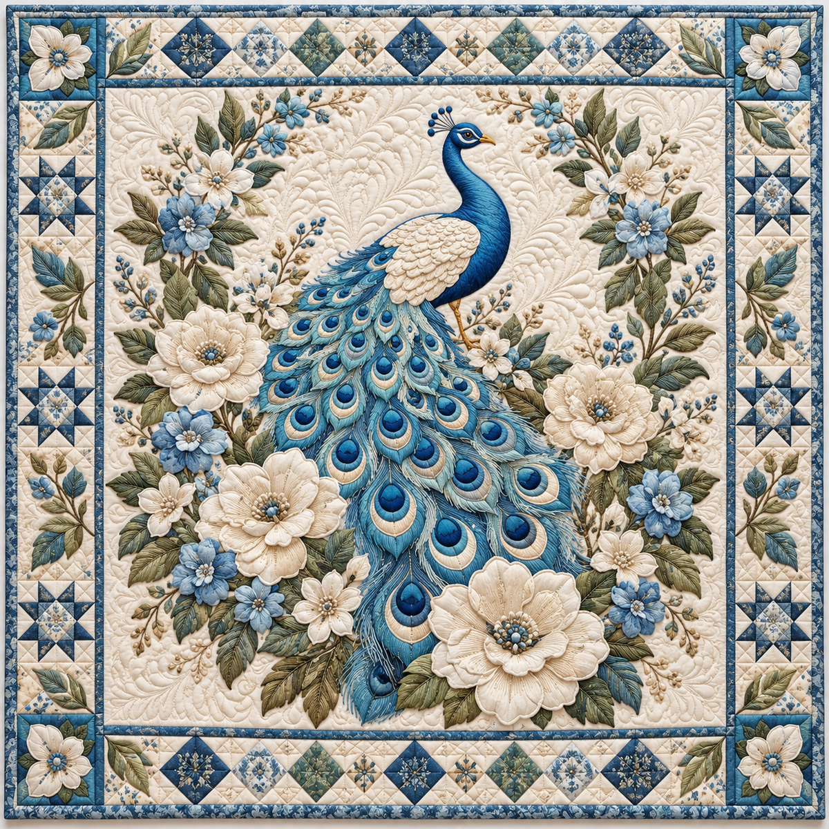 Blue Peacock Blossoms TD141026998 Quilt Blanket
