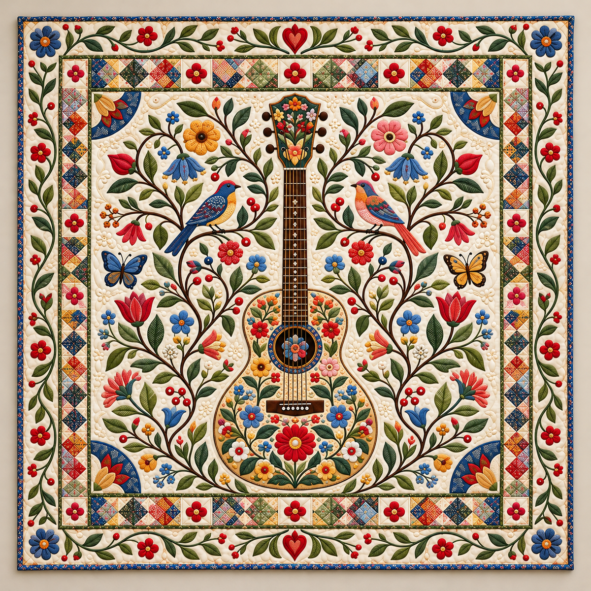 Floral Guitar And Songbird Garden TD141026499 Quilt Blanket