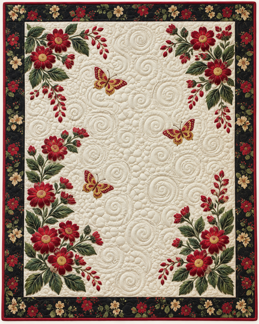 Butterflies In A Red Flower Garden TD101026113 Quilt Blanket
