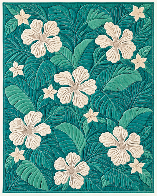Ivory Hibiscus On Teal TD101026304 Quilt Blanket