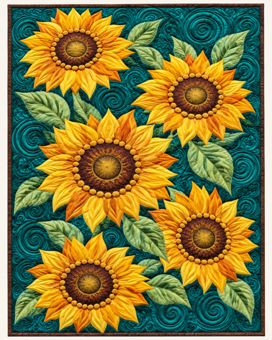 Sunflowers On Teal Scrolls TD101026503 Quilt Blanket