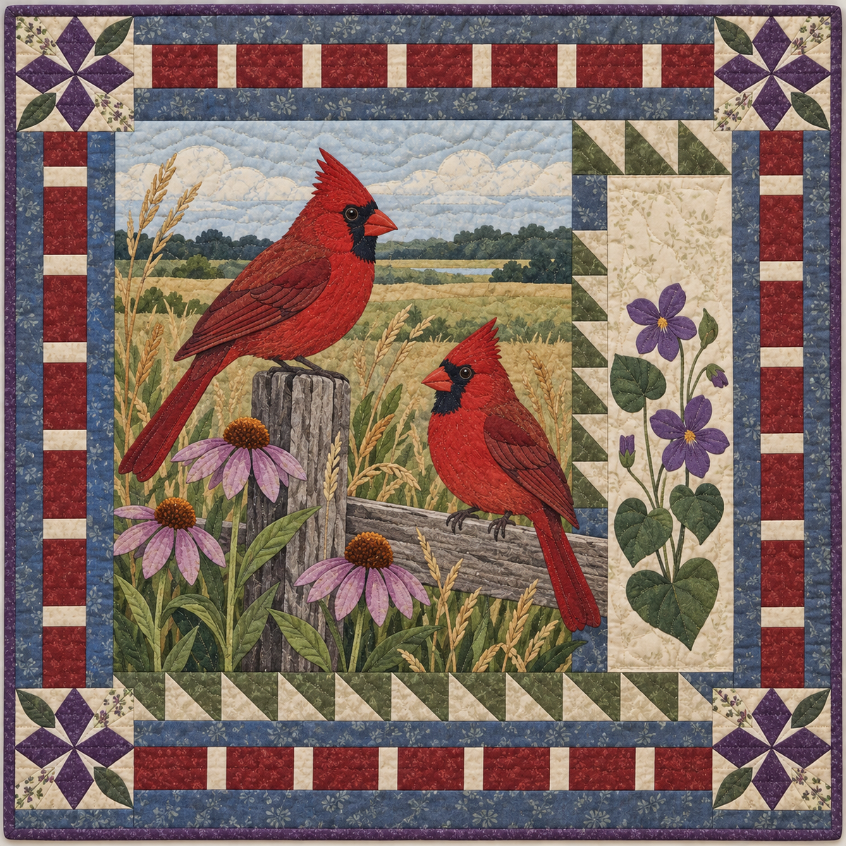 Illinois Cardinal Prairie Garden quilt blanket