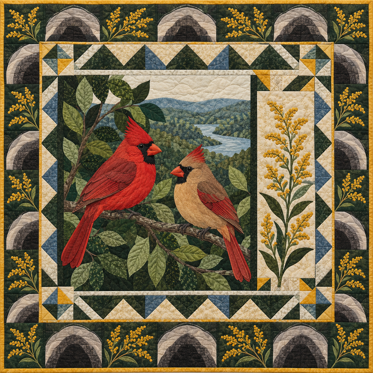 Kentucky Cardinal in Goldenrod quilt blanket