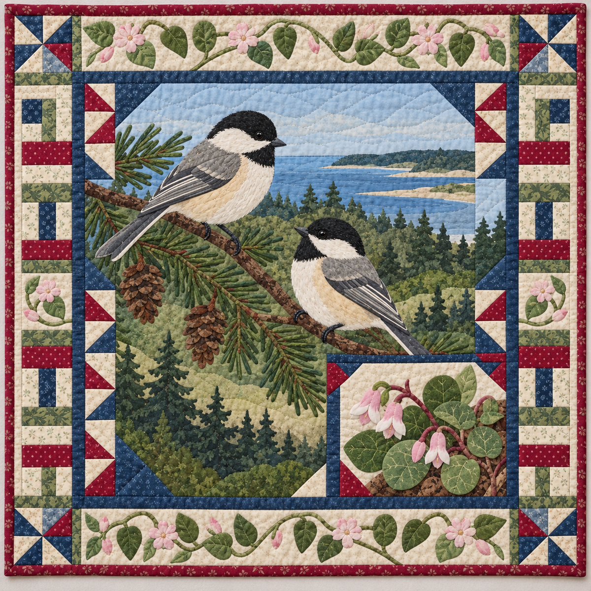 Massachusetts Chickadee in the Mayflower Woods quilt blanket