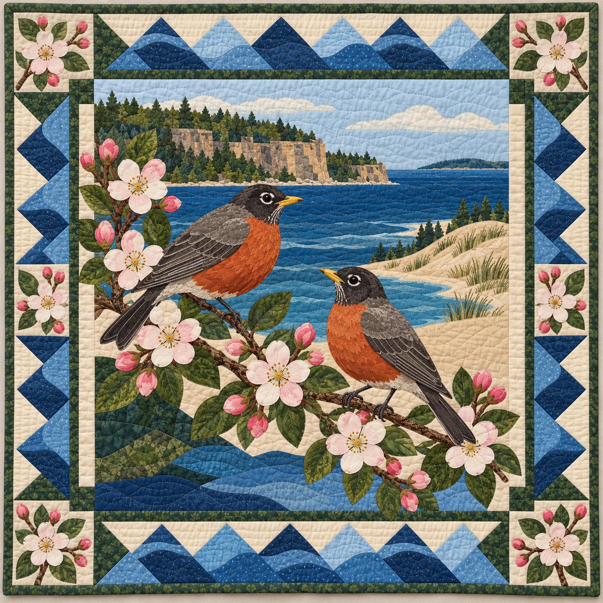 Michigan Robin in the Blossom Orchard quilt blanket