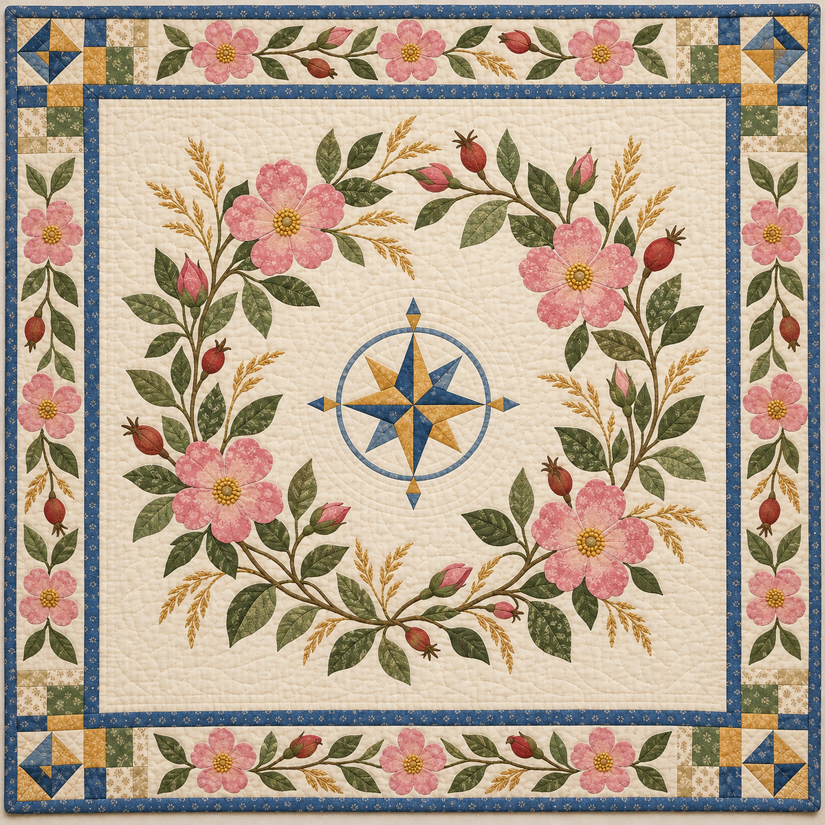 North Dakota Wild prairie rose Garden quilt blanket