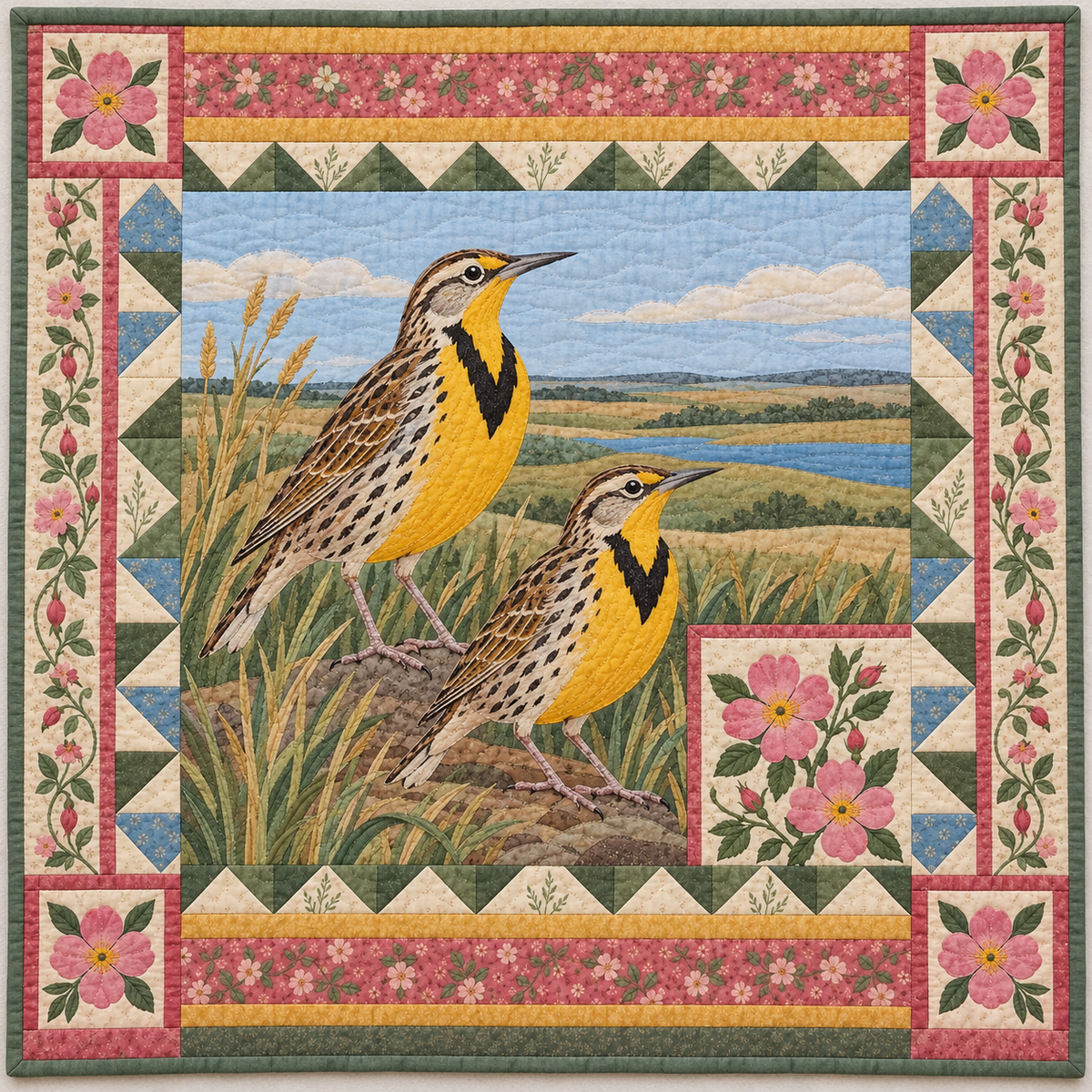 North Dakota Meadowlark Prairie Rose quilt blanket