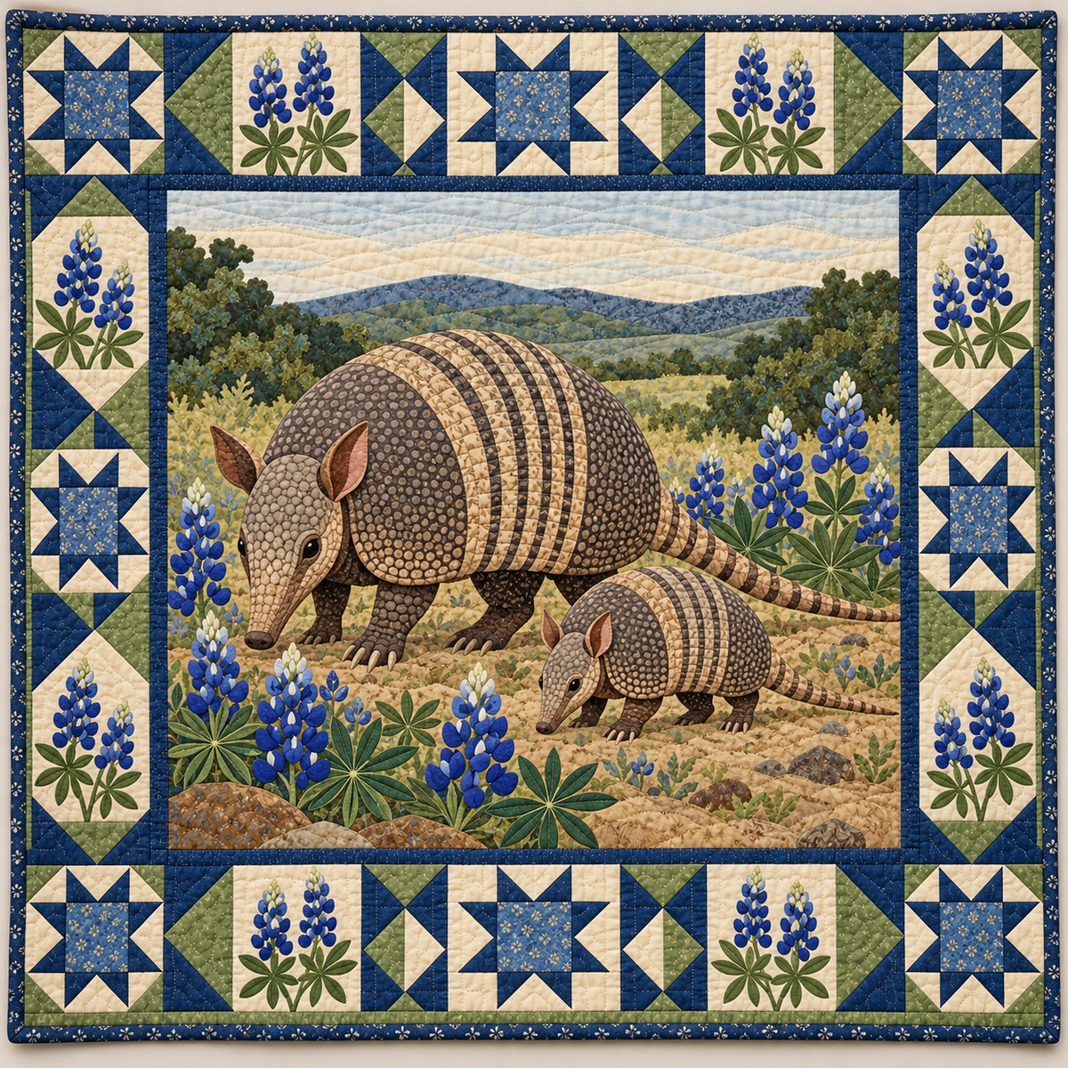 Texas Armadillo Bluebonnet Evening quilt blanket