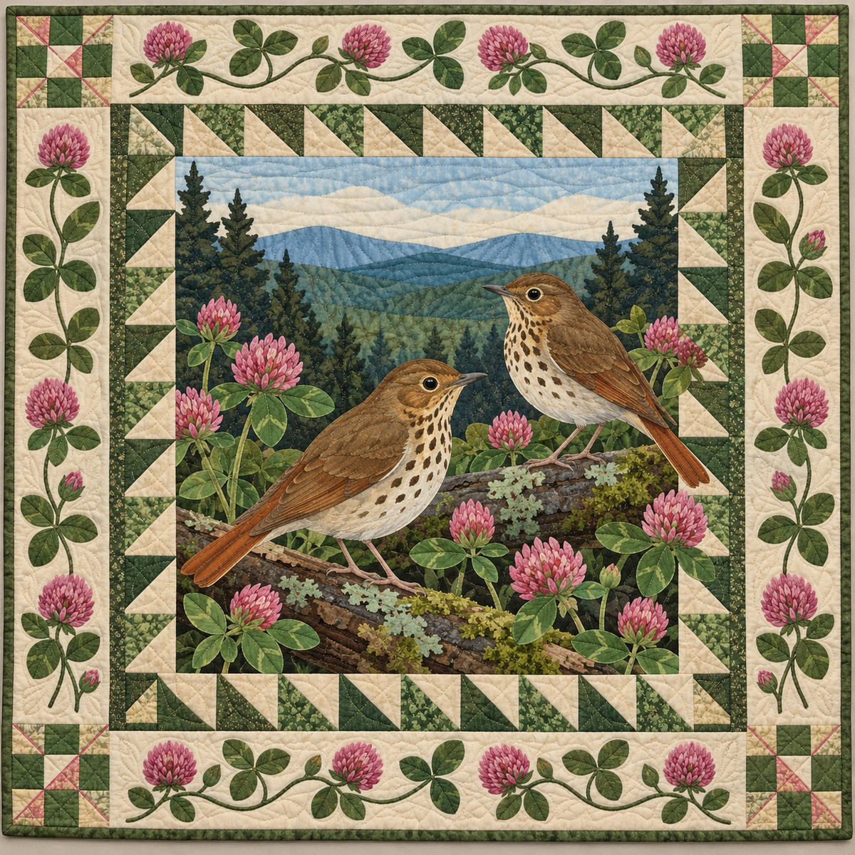 Vermont Thrush in the Clover Woods quilt blanket