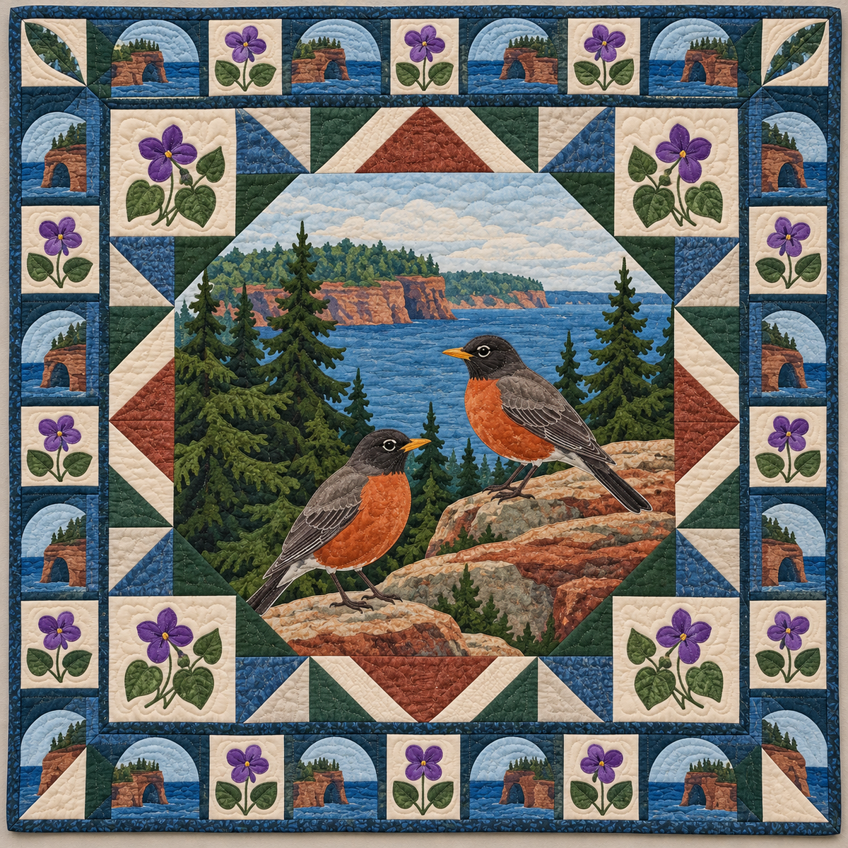Wisconsin Robin in the Violet Woods quilt blanket