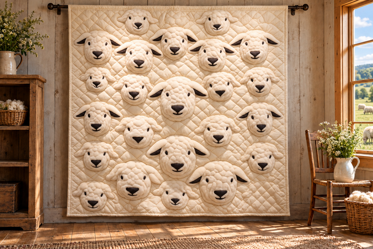 Sheep quilt hanging in a pastoral farmhouse room