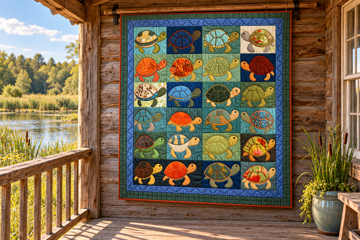Turtle quilt hanging on a pond-side porch