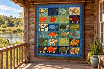 Turtle quilt hanging on a pond-side porch