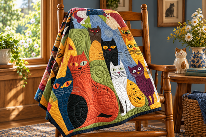 Colorful cat quilt on a wooden armchair in a cozy cat-themed cottage