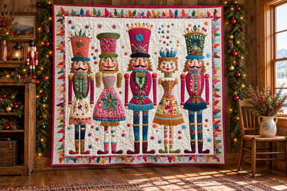 Christmas Nutcracker quilt hanging in a festive rustic indoor room