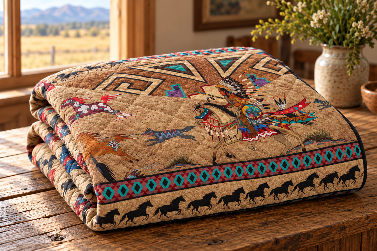 Native American Inspired Horses Art Quilt TL240503Y — folded quilt mockup