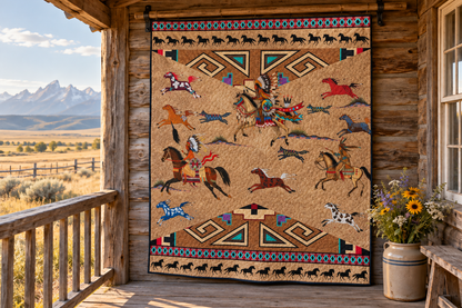 Native American Inspired Horses Art Quilt TL240503Y — themed outdoor hanging mockup
