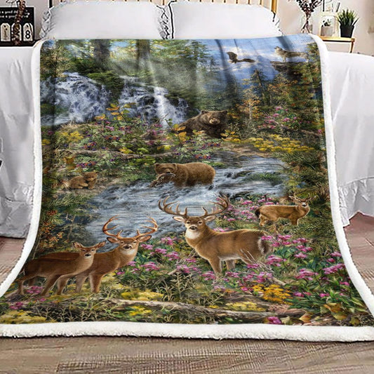 Bear Deer Fish Eagle Wolf Hunting Flower BT2310009F Sherpa Fleece Blanket