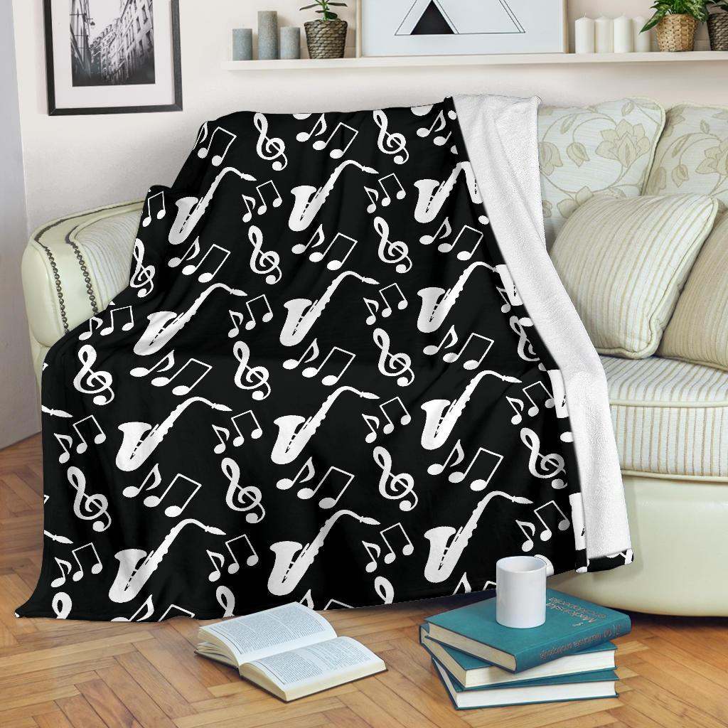 Saxophone music notes treble clef black white theme CLA2810442F Sherpa Fleece Blanket