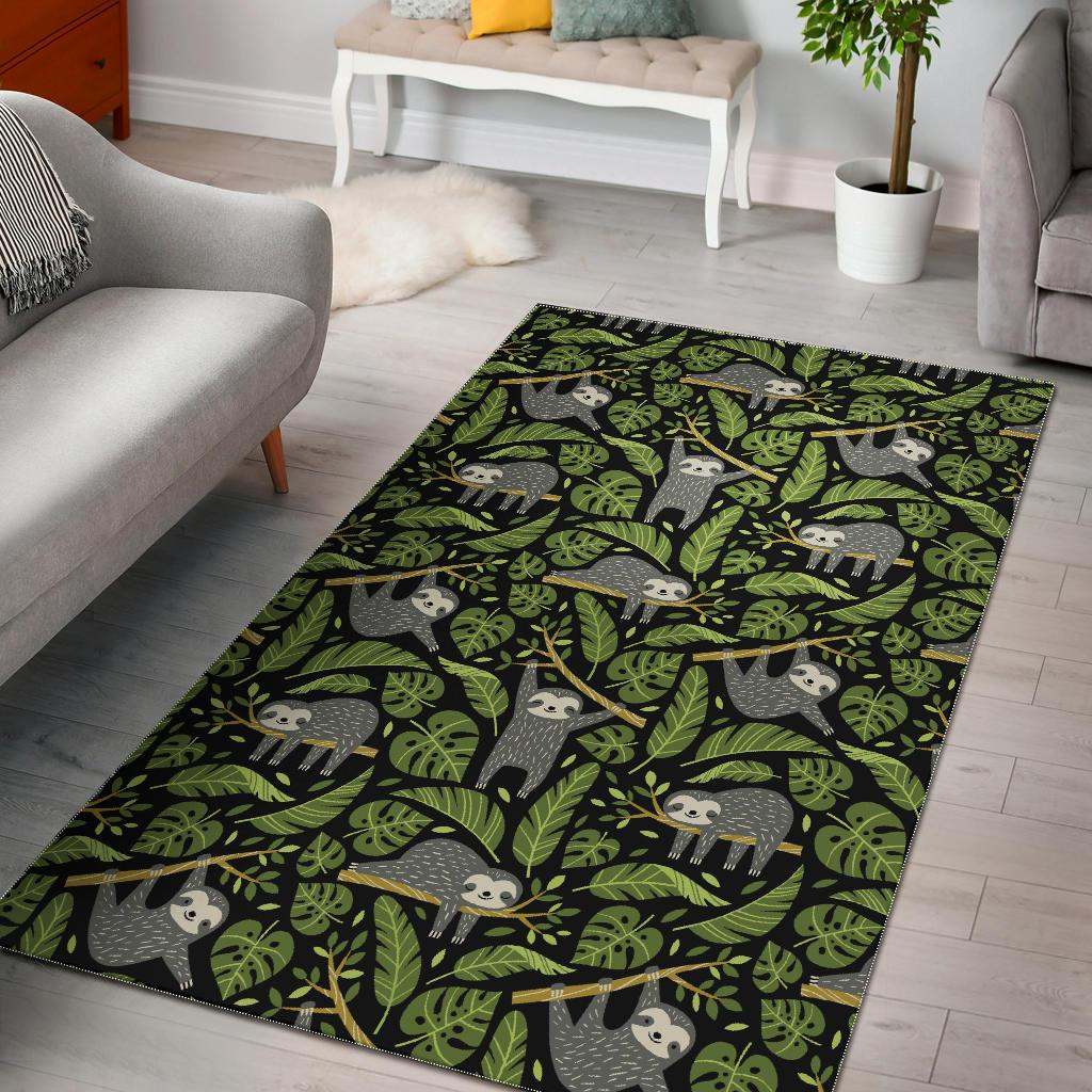 Cute sloths tropical palm leaves black background CLA2810326R Rug