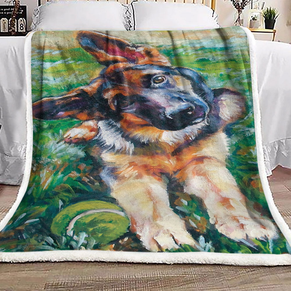 A German Shepherd Dog Play With Tennis Ball NP0511001F Sherpa Fleece Blanket
