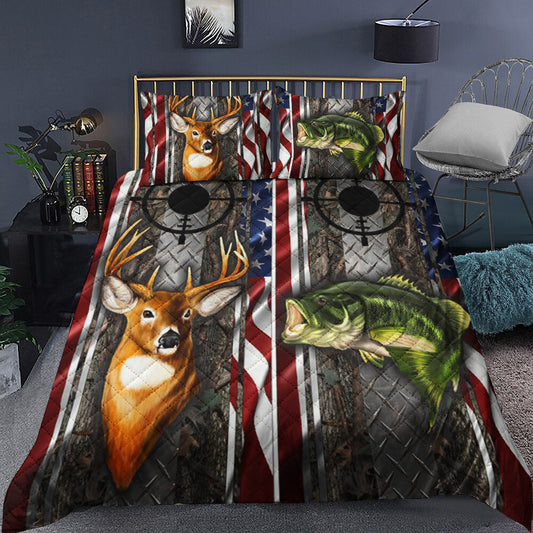 Bass And Buck Deer Camo Flag Cornhole Quilt Bedding Set TL011001