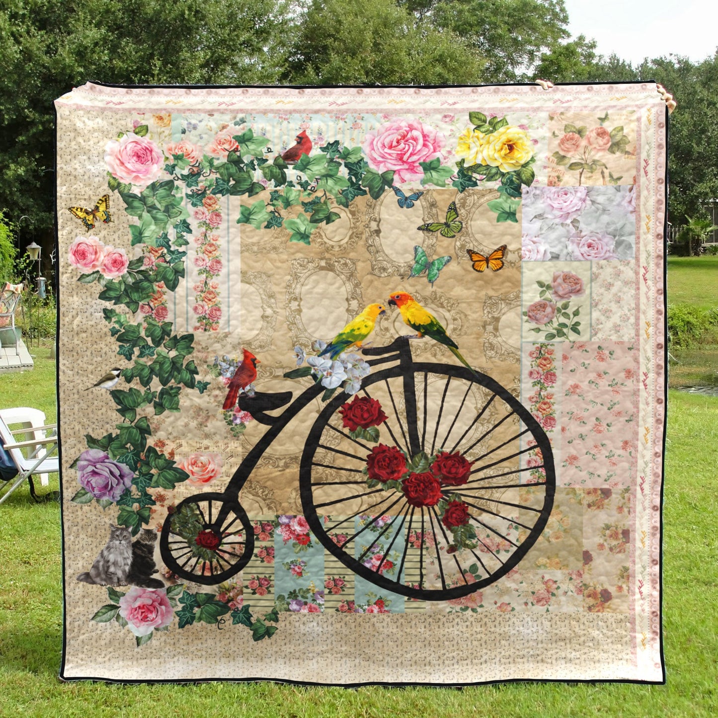 Bicycle Bird And Flower CLA0910052Q Quilt Blanket