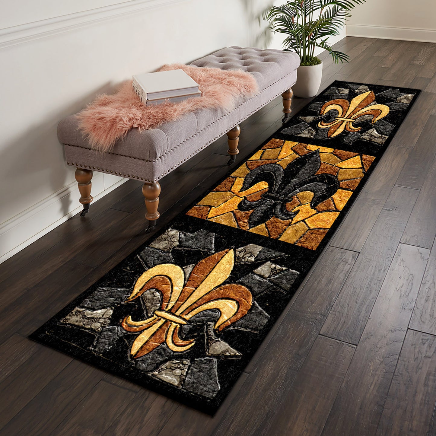 Black And Gold Triple Fleur De Lis AA1610002N Runner Rug