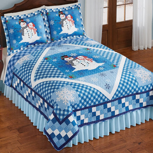 Blue Snowman Diamond Accent Patchwork CLH2110015B Quilt Bedding Set