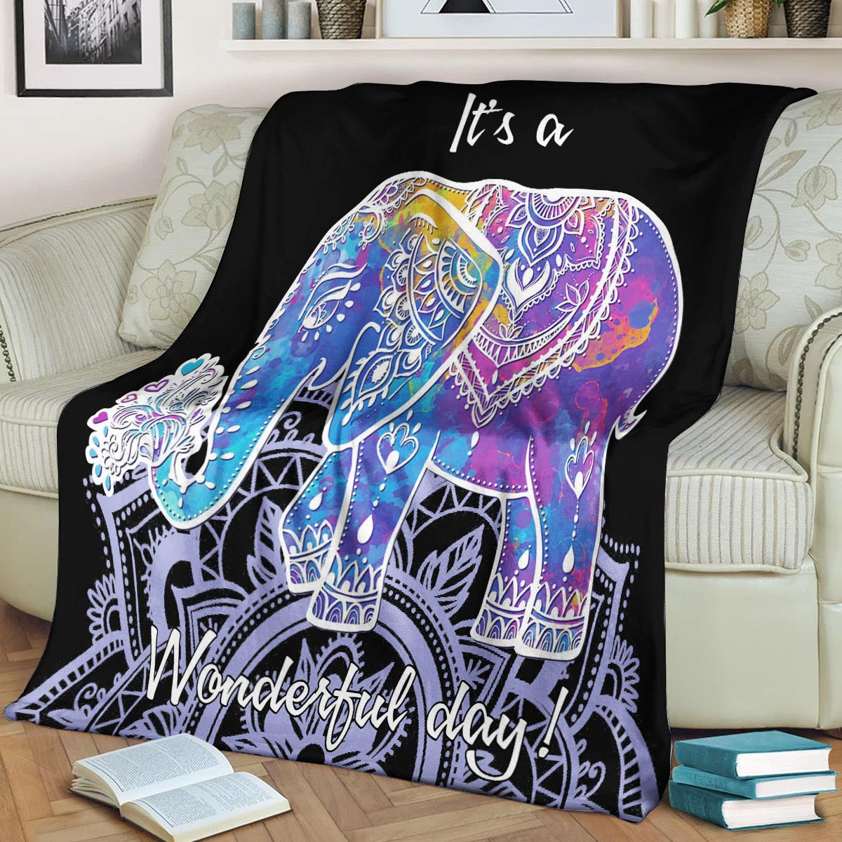 Bohemian Colorful Mandala Floral Elephant CLA1910067F Sherpa Fleece Blanket