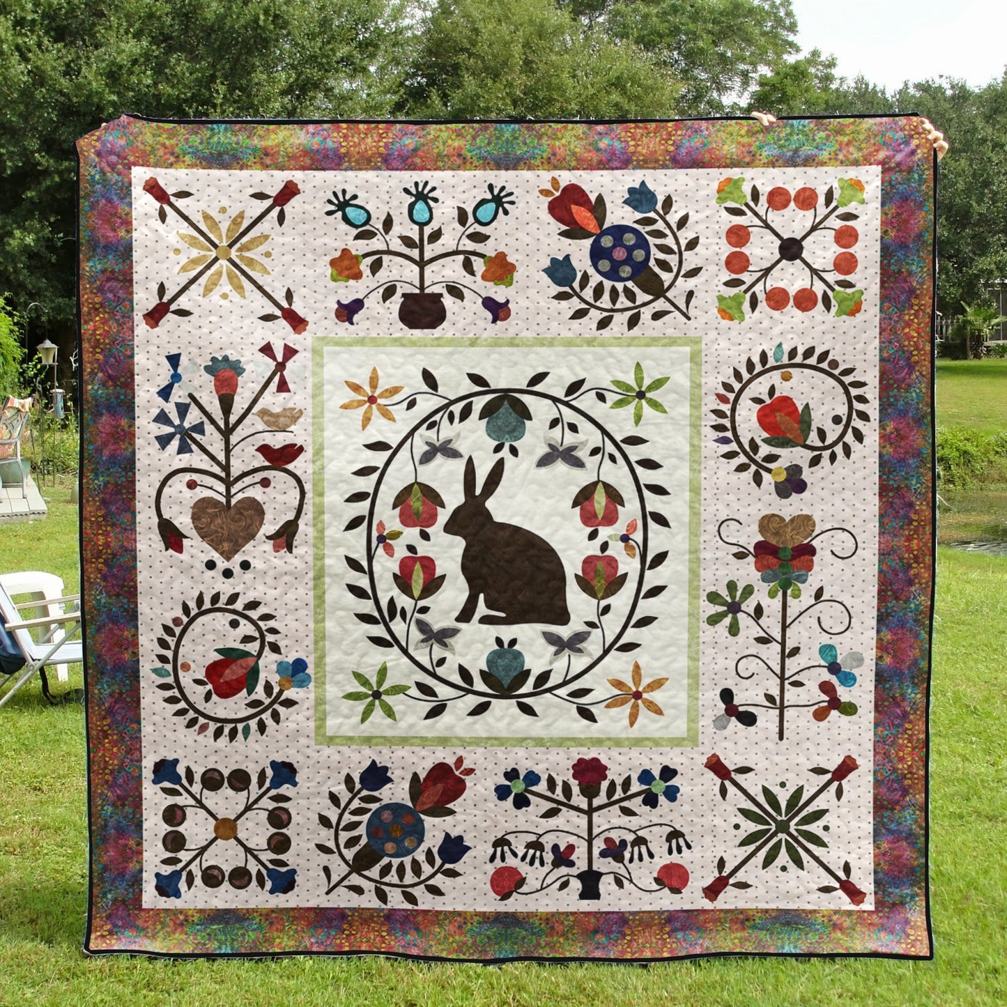 Bunny And Flowers Applique Quilt Blanket HN280601M