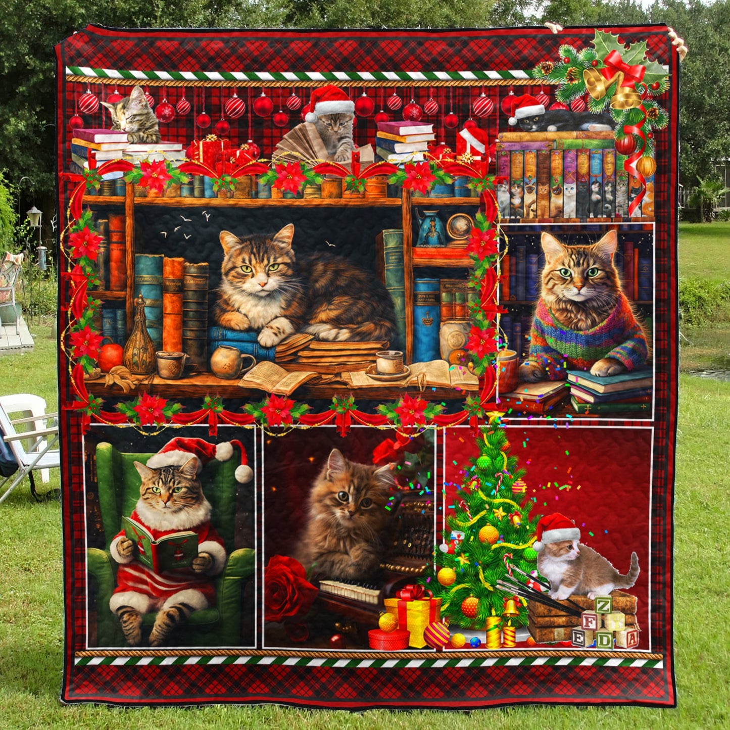 Cat Book Christmas Art Quilt HN051101T