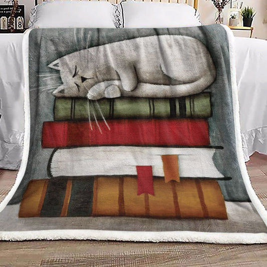 Cat Sleep On Book DD1910030F Sherpa Fleece Blanket