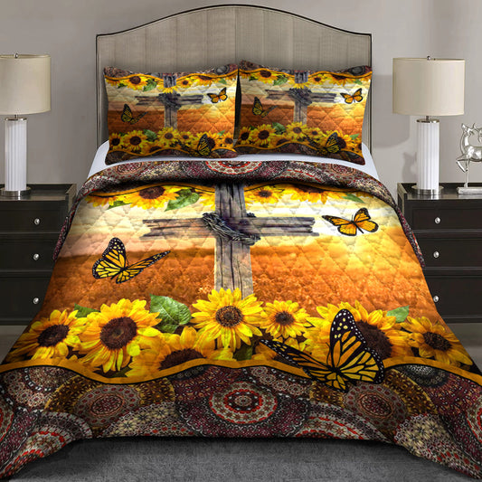 Christian Cross Butterfly Sunflower Quilt Bedding Set HN030603MBS