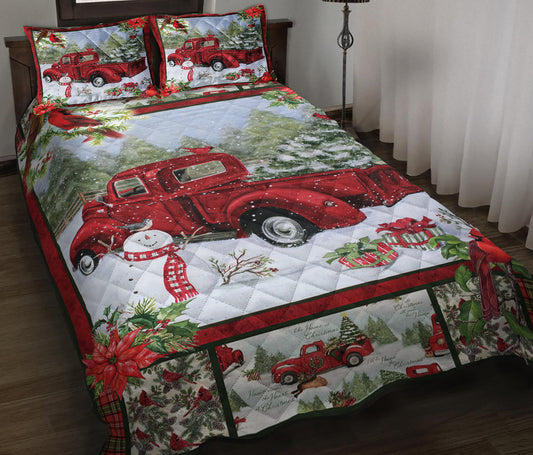 Christmas Red Truck Snowy Cardinals Quilt Bedding Set HM0909005