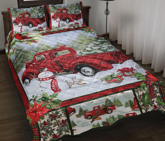 Christmas Red Truck Snowy Cardinals Quilt Bedding Set TL070905