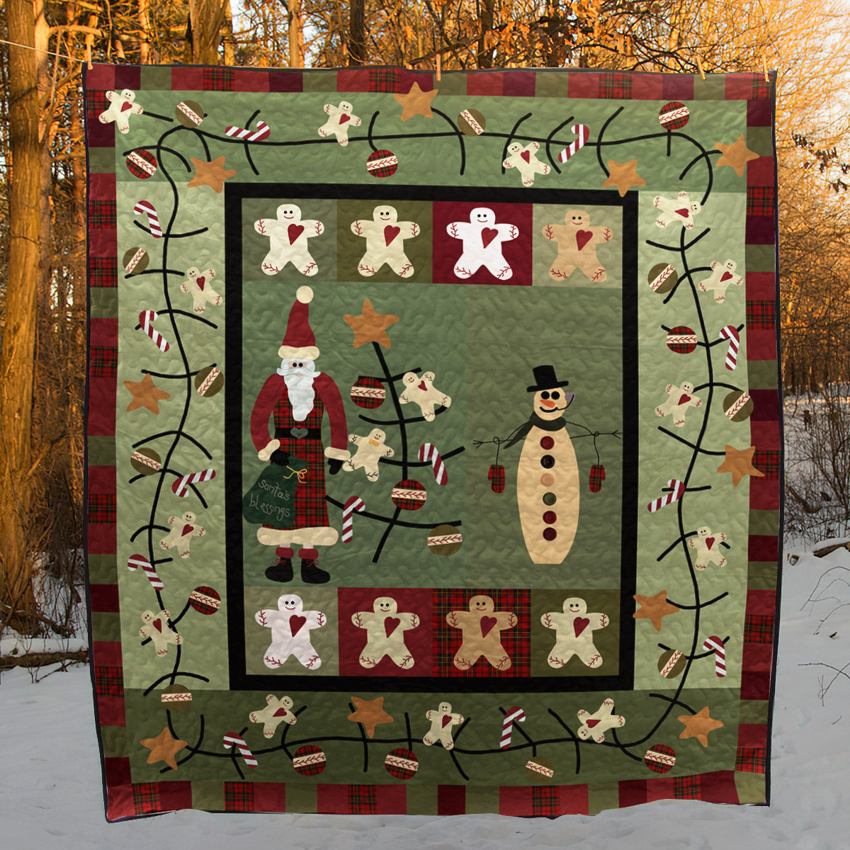 Christmas Santa And Snowman CLA1110141Q Art Quilt